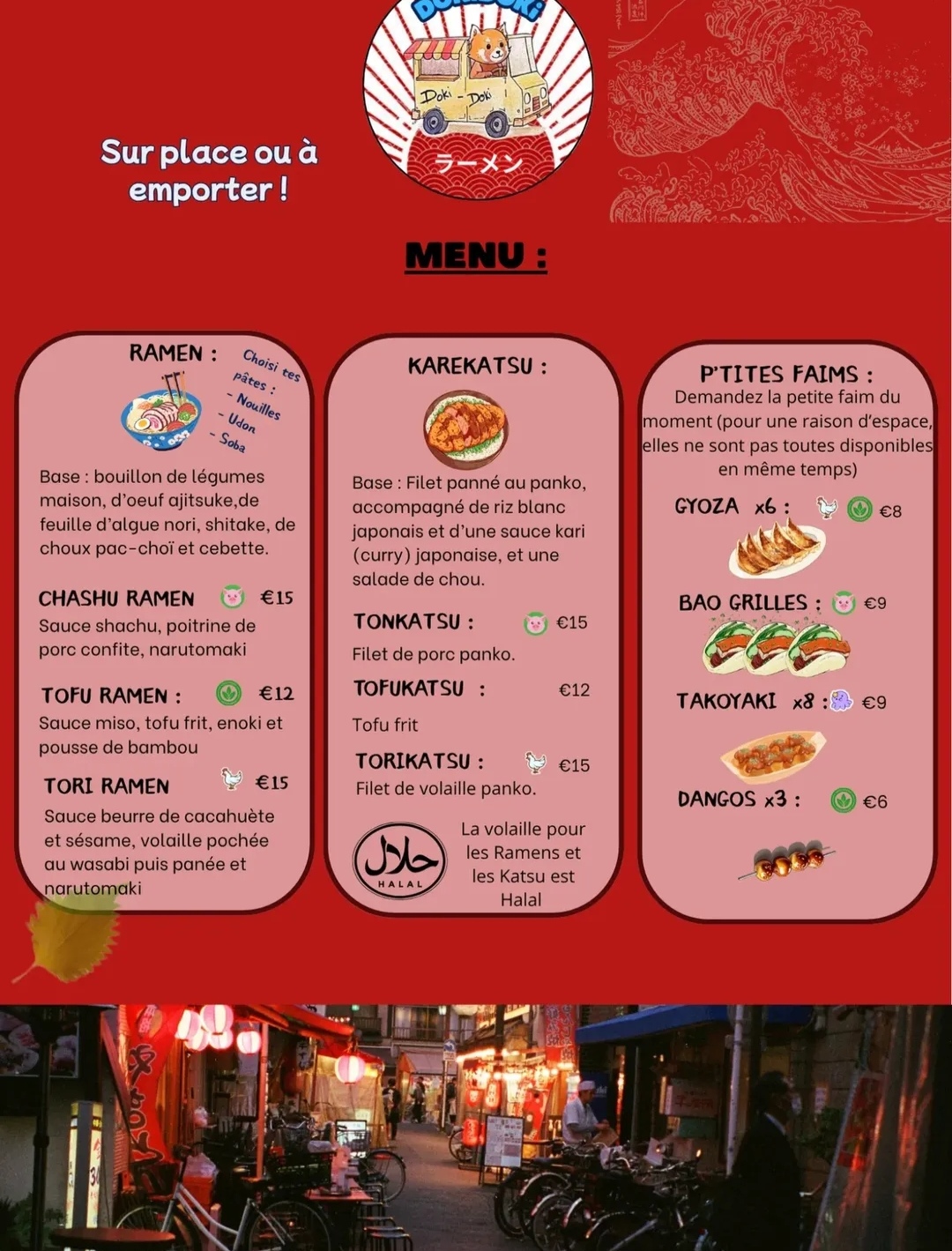 Carte du food truck DokiDoki avec les ramens, katsu et petites faims